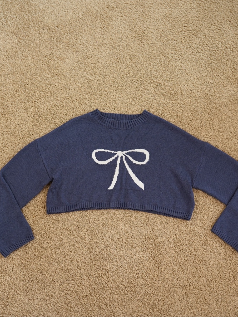 Edikted Navy Cropped Bow Crewneck Sweater